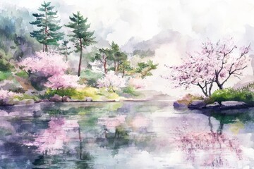 Poster - Serene spring landscape with flowering trees reflected in calm water in a picturesque environment during daylight hours. Generative AI