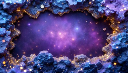 Wall Mural - cosmic cave portal view with sparkling crystals and purple galaxy