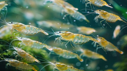 Aufkleber - Numerous shrimp can be seen swimming in a clear aquarium, displaying their delicate bodies and long antennae while surrounded by aquatic plants and a sparkling water surface.