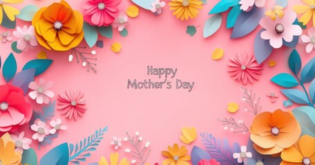 Aufkleber - Colorful paper-cut flowers frame the background for Mother's Day with the text 