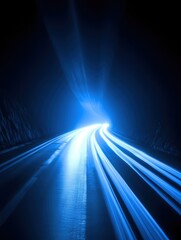 Poster - Futuristic Highway with Light Trails in Deep Blue Tones Abstract Concept of Speed and Motion