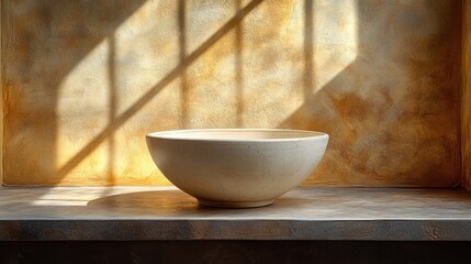 Wall Mural - Empty bowl on ledge, sunlit wall shadows