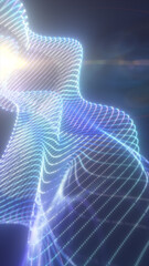 Poster - A high-tech wireframe mesh glowing with neon blue and white light, creating a digital futuristic atmosphere abstract background
