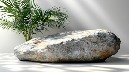 Wall Mural - Empty stone pedestal, palm leaf, sunlit display