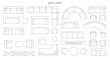© Sensvector - Guest room furniture for interior design plan. Vector flat cartoon, schematic top view. Isolated objects for living space, sofa with cushions, armchairs and console for tv set, table and chairs