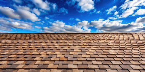 Aufkleber - A Detailed View of a Brown Shingle Roof Under a Bright Blue Sky with Fluffy Clouds