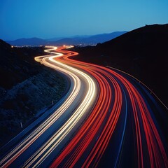 Poster - Light Trails on Winding Highway at Dusk Capturing Motion and Energy of Modern Transportation