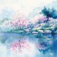 Aufkleber - Soft pastel colors create a serene lakeside view with blooming cherry blossom trees reflecting on the water. Generative AI