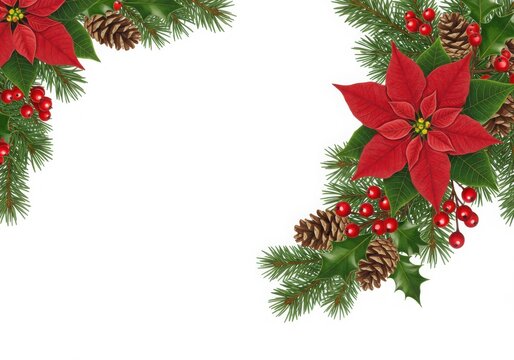 Christmas border, festive decoration, poinsettia flowers, pine branches, holly berries, pine cones, red and green colors, white background, holiday arrangement, botanical illustration style