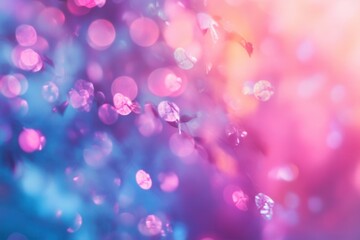 Wall Mural - Abstract Pink Blue Purple Bokeh Background With Soft Glow And Blurred Leaves