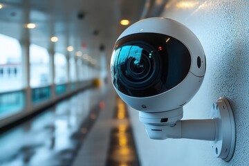 Poster - High-resolution motion detection camera mounted in a modern corridor with sleek design
