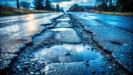 Poster - A Damaged Asphalt Road Surface Reflecting a Cloudy Sky