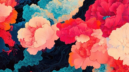 Poster - Colorful Floral Abstract Design with Vibrant Peonies and Background