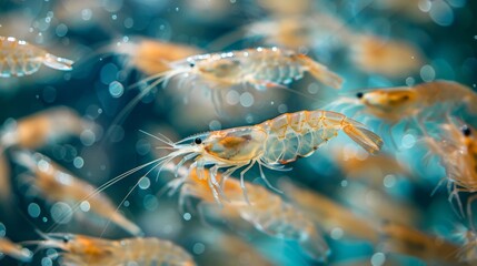 Aufkleber - A lively group of shrimp moves energetically through a sparkling, clear body of water, highlighting their transparent bodies and intricate details in soft sunlight.