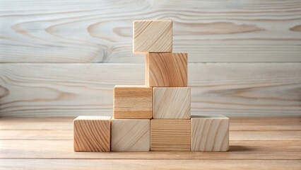 Aufkleber - Unassembled Wooden Blocks Arranged in a Pyramid Shape on a Wooden Surface