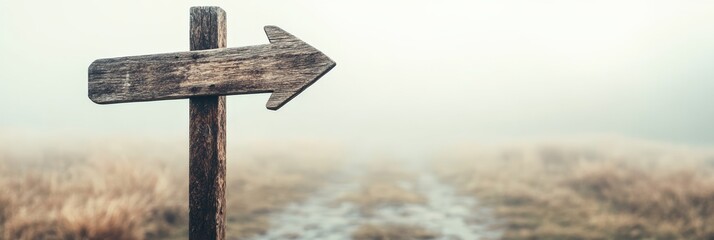 Aufkleber - Wooden arrow sign is pointing towards a foggy path into the unknown, symbolizing choices, directions, and the fear of better options - fobo - in decision making