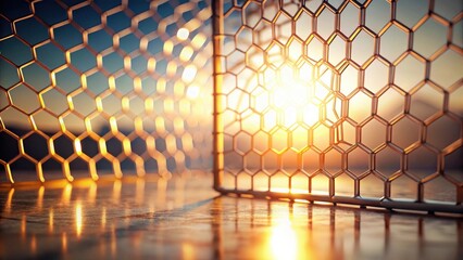 Aufkleber - Golden Hexagonal Netting at Sunset, Reflecting Warm Light on a Smooth Surface