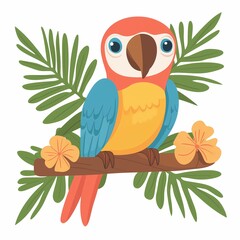 Parrot sits on a branch. Simple flat style.
