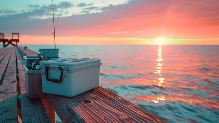 Poster - A quiet pier stretches out over water during sunset, with a fishing cooler and rod set up, creating a serene atmosphere for evening fishing.