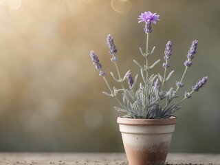 Wall Mural - Potted Lavender Plant with a Single Bloom in Natural Sunlight