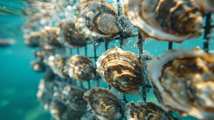 Poster - Clear turquoise water surrounds multiple oysters hanging from a vertical structure, creating a vibrant underwater environment rich in marine activity.