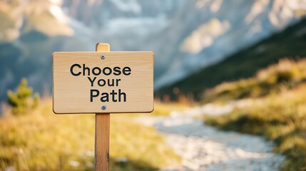 Poster - Wooden sign guiding towards correct path, symbolizing important choices, directions, decisions, ways, and fear of better option - fobo - , amidst natural mountain landscape