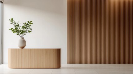 Wall Mural - Modern Reception Area with Plant and Wooden Accent Wall Design