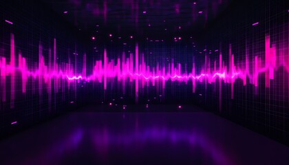 Poster - 3d render, abstract panoramic background, neon light, laser show, impulse, equalizer chart, ultraviolet spectrum, pulse power lines, quantum energy impulse, violet glowing dynamic,


