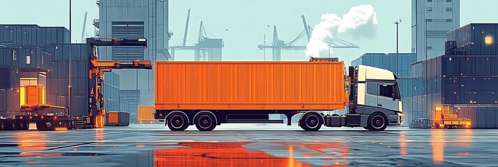 Poster - A orange color Cargo truck loading at a busy industrial shipping port ,


