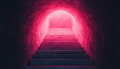 Poster - an abstract view of a stairway illuminated by vibrant pink light in a dark tunnel.