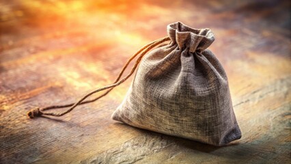 Aufkleber - A rustic fabric pouch sits on a weathered wooden surface, bathed in warm, golden light