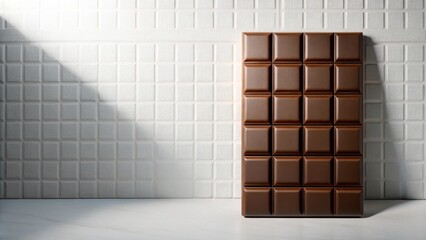 Poster - A delicious milk chocolate bar rests against a textured white background, illuminated by a soft light source.