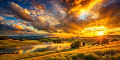 Wall Mural - Serene Sunset Landscape with Copy Space: Golden Hour Sky, Peaceful Nature Scene