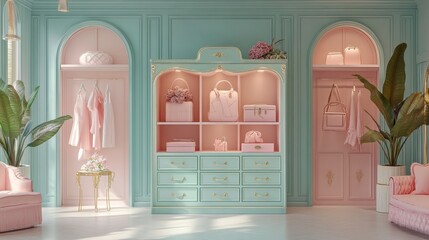 Poster - A stylish, pastel-colored room featuring a mint-green cabinet, soft pink accents, and lush plants, creating a chic and inviting atmosphere.