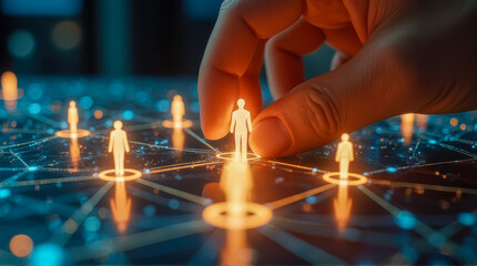 Poster - Hand placing virtual human figure on a digital network grid representing connection, teamwork, and collaboration in technology-driven environments.