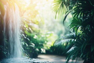 Aufkleber - Waterfall cascades among lush tropical foliage in a serene forest setting during daylight hours. Generative AI