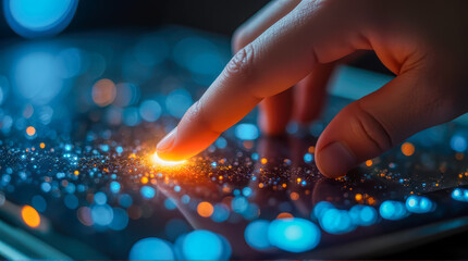 Poster - Close-Up of a Person's Finger Touching a Digital Screen Surrounded by Bright Glowing Particles in a Colorful Abstract Background