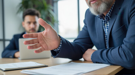 Poster - professional business meeting with two men discussing documents in a modern office, showcasing colla