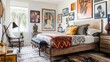 © Timeless Touch - Eclectic bedroom with vintage posters, a statement bed frame, and a mix of textures and patterns for an inspiring, artistic retreat