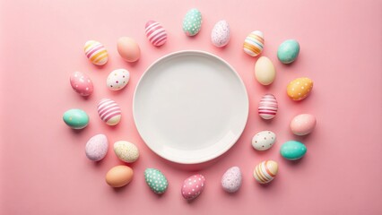 Poster - Pastel Easter eggs arranged around a blank plate on a pink background, perfect for spring holiday designs