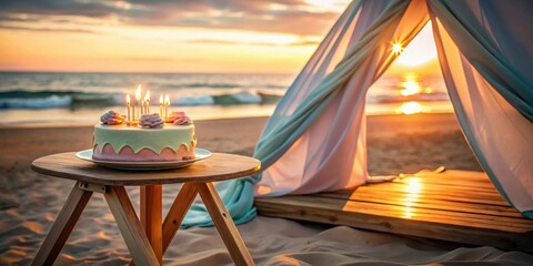 Aufkleber - Romantic beach sunset birthday celebration with cake and canopy