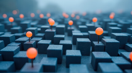 Poster - Abstract landscape of black cubes with bright orange spheres set against a misty background, creating a unique visual texture for design projects