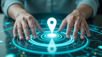 Poster - Hands Interacting with Digital Location Pin in Futuristic Interface Representing Geolocation and Technology Innovation