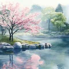 Poster - Tranquil morning by the lakeside with cherry blossoms and lush greenery reflecting on calm water. Generative AI