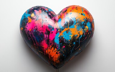 Vibrant heartshaped object with paint splatters and graffiti art in multiple shades, visually striking design with a mix of bold colors and artistic expression