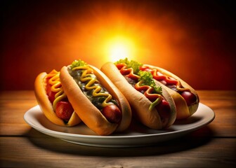 Wall Mural - Silhouetted Classic Hot Dogs with Mustard and Ketchup on a Plate