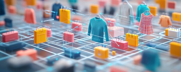 Poster - a digital representation of a shopping environment featuring colorful clothing items and accessories