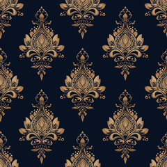 Wall Mural - Elegant damask pattern in gold and navy blue, perfect for luxurious designs.