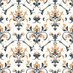 Wall Mural - Floral pattern with ornate design in black, cream, and gold colors, perfect for textiles or wallpaper.