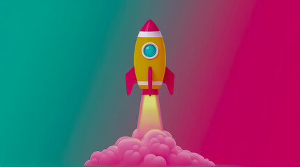 Poster - Colorful cartoon rocket launching into space with vibrant pink and green background showcasing imagination and adventure in a playful design